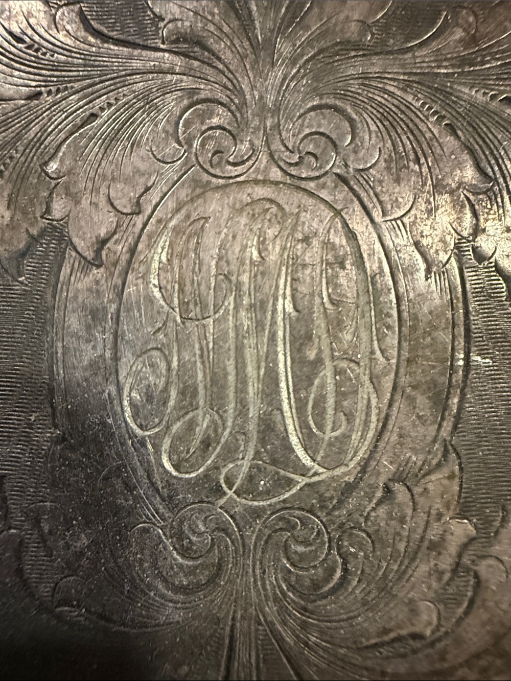 Ornate Engraved Metal Hand Mirror with Monogram - Picture 2 of 7